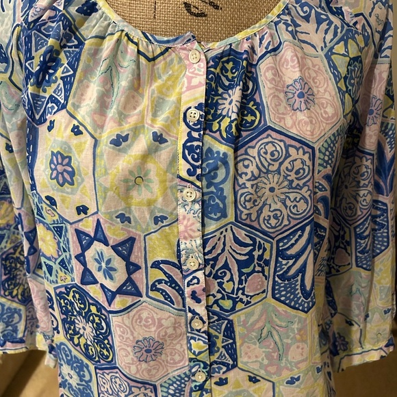 Talbots Blue and Yellow 3/4 Sleeve Buttoned Blouse - Picture 2 of 5